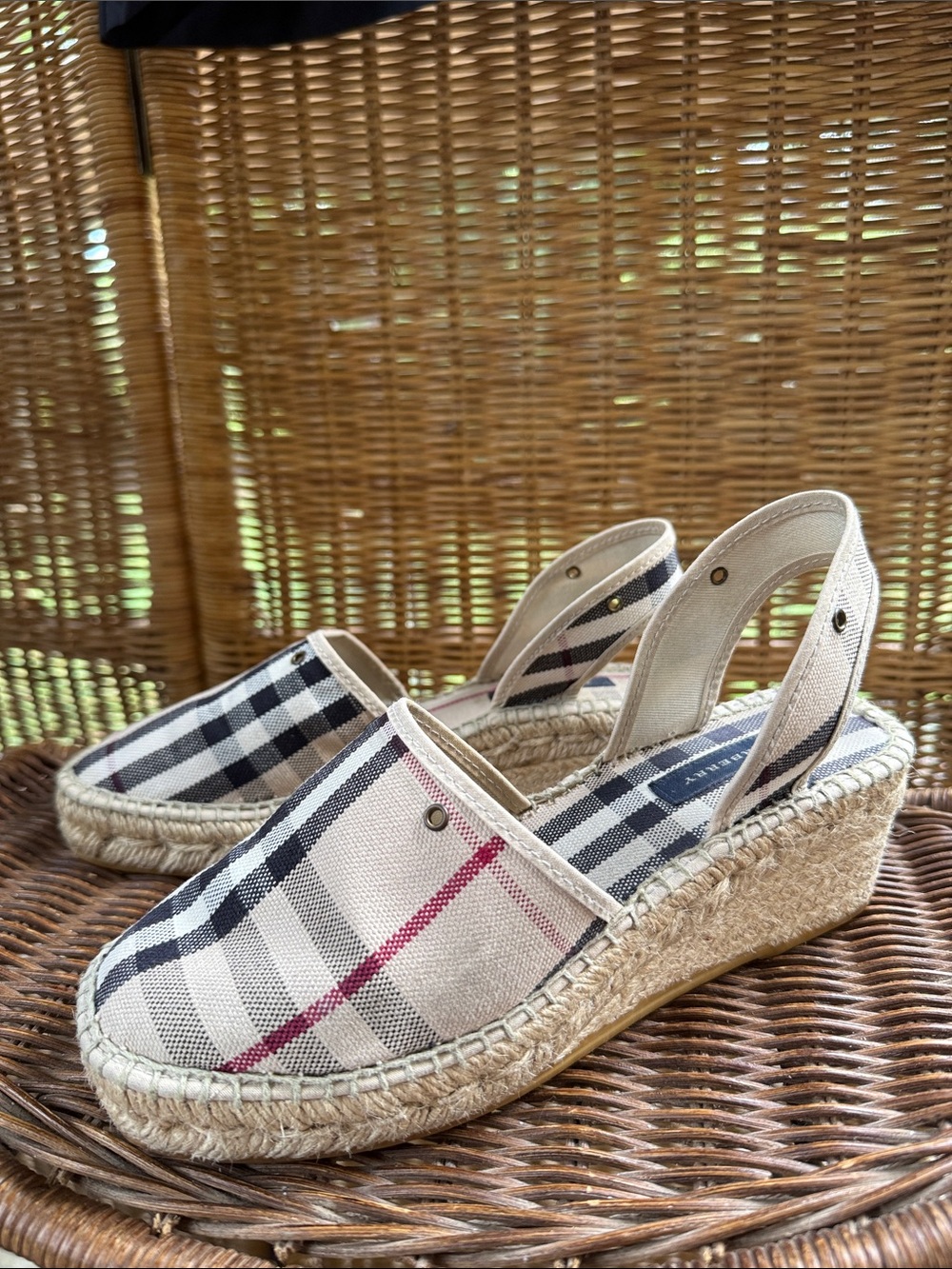 Burberry Beige Black and Red Check Espadrille Wedge Sandals